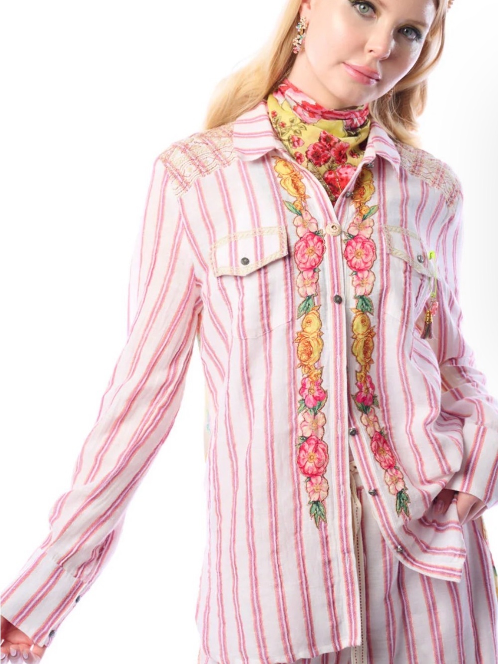NWT Aratta Pink Striped Floral Embroidered Button-Up Shirt